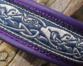 Blue Celtic Dog Collar Leather, Dragons and Hounds, Strong Metal Buckle, Personalization available, Design your own