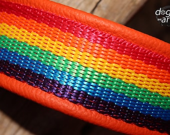 Puede incluir: Primer plano de un collar de perro de cuero naranja brillante con una correa tejida arcoíris. La correa está hecha de hilo tejido de varios colores, incluyendo rojo, naranja, amarillo, verde, azul, índigo y violeta.