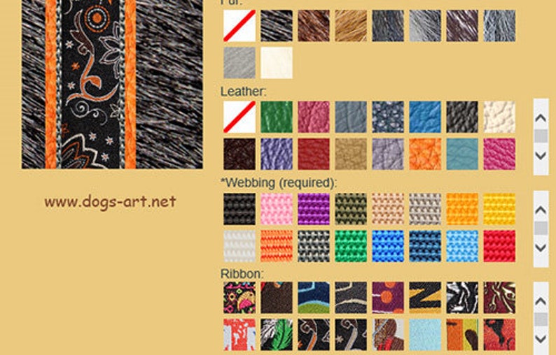 Puede incluir: Una selecci&oacute;n de cintas y correas coloridas para collares de perro. La correa est&aacute; disponible en una variedad de colores y texturas, incluyendo negro, rosa, morado, verde, azul y naranja. La cinta est&aacute; disponible en una variedad de patrones, incluyendo floral, geom&eacute;trico y estampado de animales. La direcci&oacute;n del sitio web www.dogs-art.net se muestra en la parte inferior de la imagen.