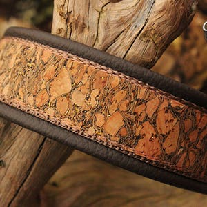 May include: A brown leather dog collar with a cork and gold accent. The collar has a brown leather strap with a cork and gold accent.