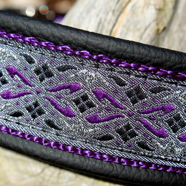 Dog Collar Leather, Black Purple Silver Sparkly Metallic, Metal Buckle, Personalization available, Design your own