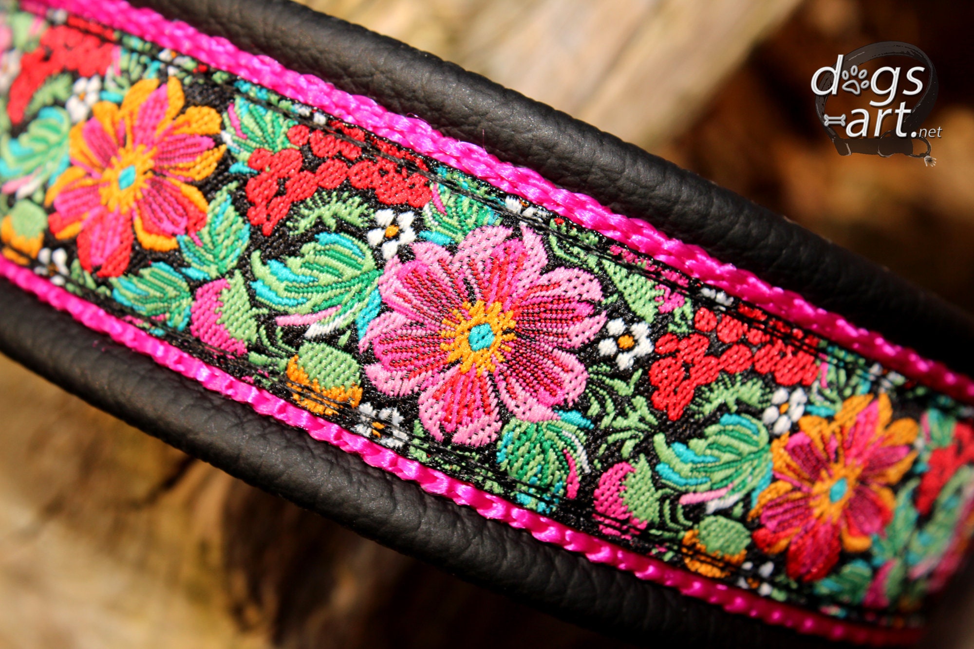 Dog Collar Flower, Leather, Floral Tropic Garden, adjustable with Buckle, Design Your Own