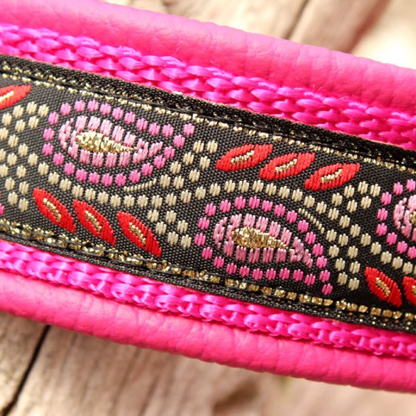 Hotpink Dog Collar Leather, Floral Leaves, adjustable with Buckle, with Name and Phone available