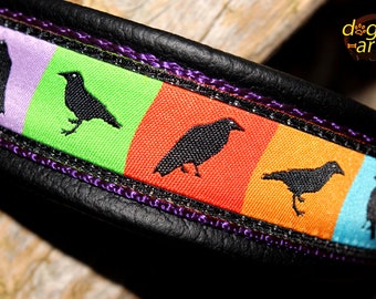 Raven Dog Collar Leather, Collar with Birds, Black Leather, adjustable with Quick Release Buckle