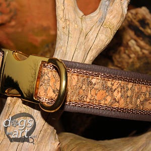 May include: A brown leather dog collar with a gold metal buckle. The collar is decorated with a cork pattern and a brown leather trim.