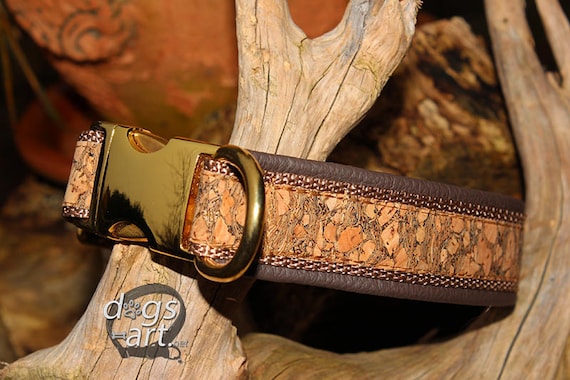 Cork Dog Collar, Leather Padded, Brass Easy Release Buckle, Hundehalsband, Extra Bling