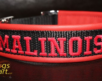 Malinois Dog Collar Leather, Embroidered with strong Metal Buckle