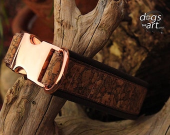 Cork Dog Collar, Leather Padded, Sparkly Gold, Fancy, Strong Metal Buckle in rose gold