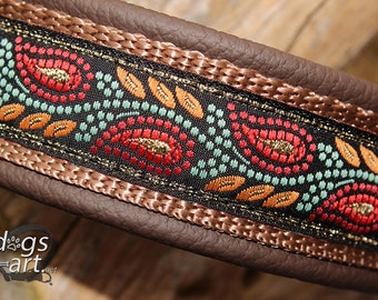 Martingale Leather Dog Collar, Floral Leaves, Limited Slip, Hardware in solid Brass, Design your own