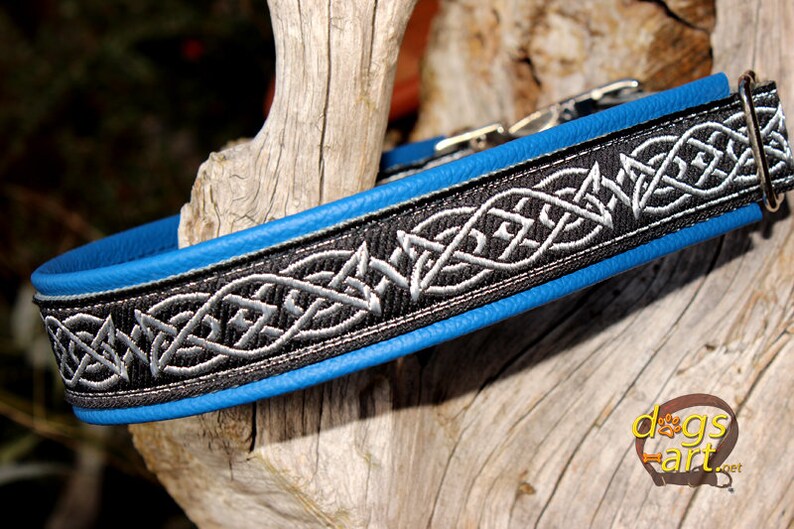 May include: A blue leather dog collar with a black and silver braided design. The collar has a silver metal buckle and is decorated with a Celtic knot pattern.