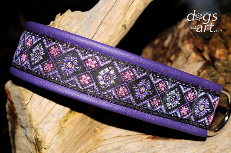 Leather Dog Collar Metal Buckle Fancy Purple Silver Etsy