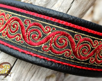 Fancy Leather Dog Collar, Metallic Red and Gold, Design your own with buckle