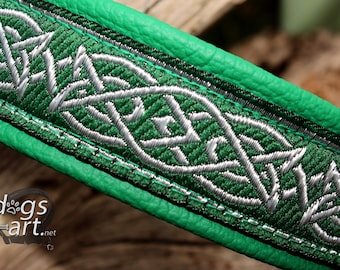 Viking Dog Collar, Leather, Celtic Knot Green, Metal Buckle, Personalization available, Design your own