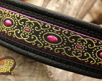 Pink Dog Collar, Black Leather, Adjustable with Brass Buckle Gold, Create your own