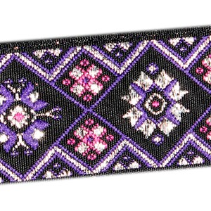 May include: Black ribbon with a purple, pink, and silver geometric pattern.