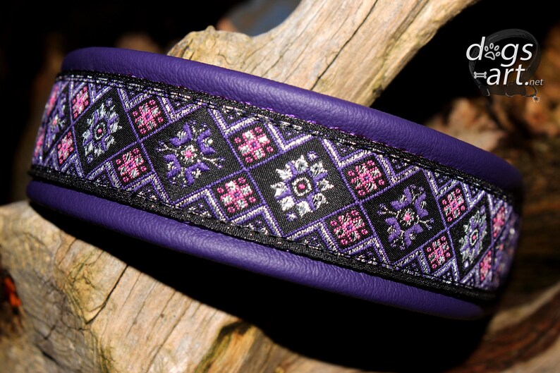 Leather Dog Collar Metal Buckle Fancy Purple Silver Etsy