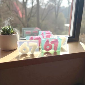May include: Several clear soap bars with the number 67 embedded in them. Some numbers are white, others are pink. The soaps are on a wooden surface near a window, with a small succulent plant in a pot to the left.