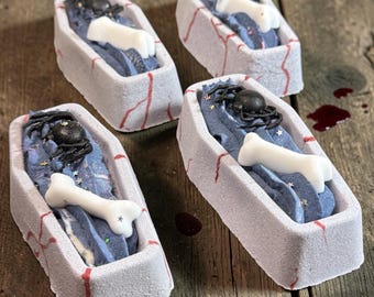 Creepy Coffin Bath Bomb ~Topped with Bubble Fosting and Soap Spider and Bone