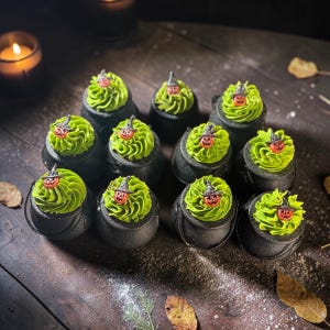 May include: Ten black miniature cauldron-shaped containers filled with vibrant green swirled frosting. Each cauldron is topped with a small orange jack-o'-lantern decoration wearing a tiny black witch hat, arranged in a group on a dark surface.