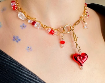 Handmade Gold Chain Charm Necklace with Heart Pendant - Statement Jewelry for Women, Layering Necklace, Gift for Her, Canada