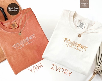 EEmbroidered Fall Vibes Shirt, Autumn Embroidered Pumpkin Tee, Cozy Fall Embroidery Shirt, Autumn Leaves Shirt, Thanksgiving Embroidered Tee