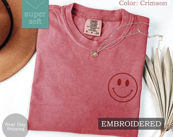 Happy Face Comfort Colors Tee, Smile Shirt, Happy T-Shirt, Embroidered Tee, Embroidered Shirt, Custom Shirt, Retro Happy Face Shirt