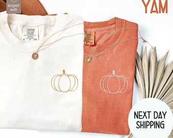 Pumpkin Comfort Colors Embroidered Tee - Pumpkin Outline T-Shirt - Simple Fall Pumpkin Crewneck T-Shirt - Minimal Fall T-Shirt