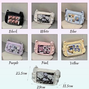 May include: A set of 10 different colored canvas shoulder bags with clear plastic windows. The bags are 11.5 inches wide and 23.5 inches long. Each bag features a different anime character design.