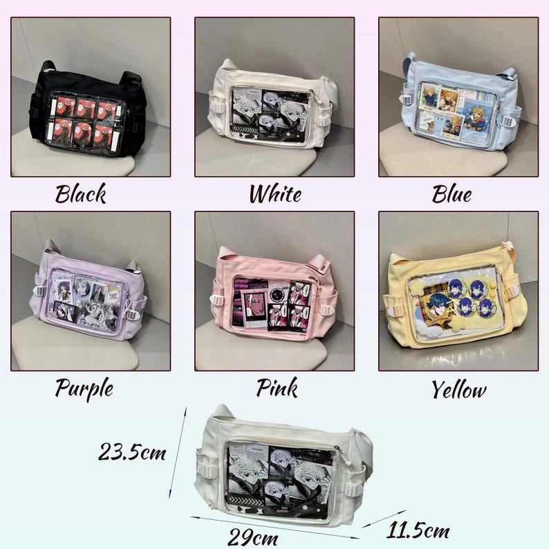 May include: A set of 10 different colored canvas shoulder bags with clear plastic windows. The bags are 11.5 inches wide and 23.5 inches long. Each bag features a different anime character design.
