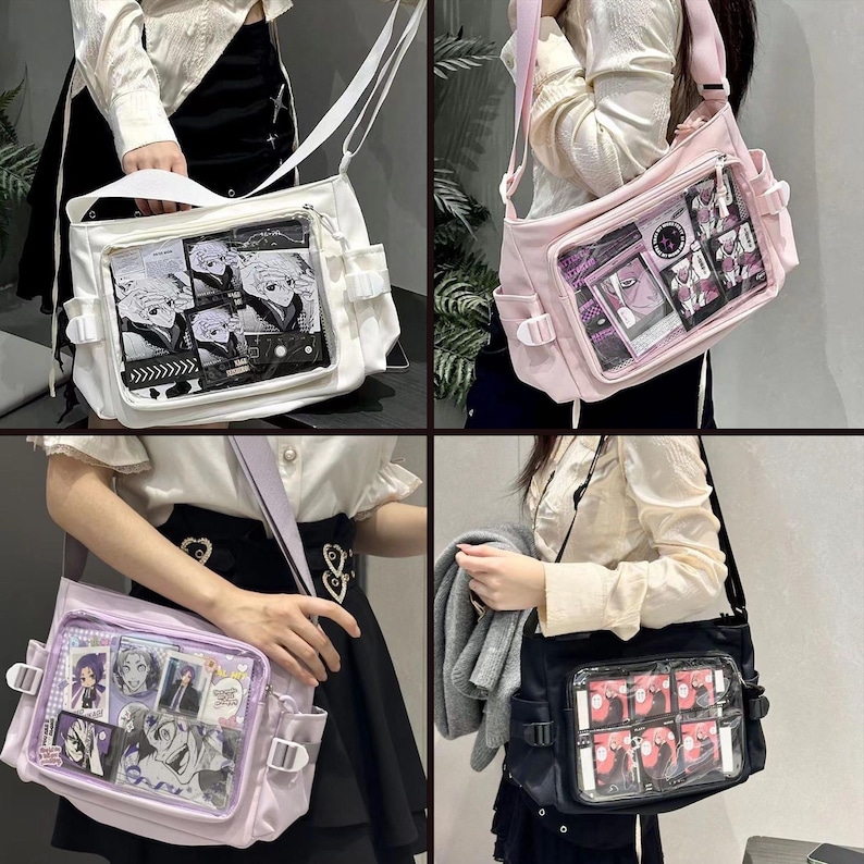 May include: Four different styles of clear plastic windowed bags with adjustable straps. The bags are in white, pink, purple, and black. The bags have a variety of cartoon images inside the clear windows.