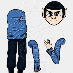 May include: Illustration of a blue Star Trek character in a cartoon style. The character is depicted with a blue uniform, black pants, and black boots. The character's head is separate, showing pointed ears and a serious expression.