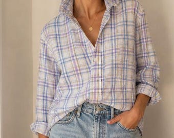 Reworked Ruffle Collar Shirt | Pastel Plaid Button Down | Feminine Menswear | Romantic Blouse | Cottagecore Top
