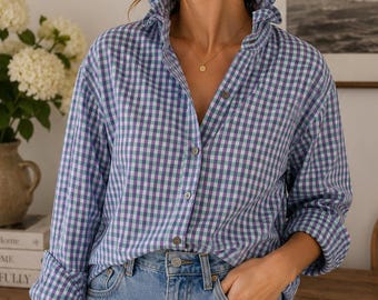 Reworked Men’s Gingham Shirt, Handmade Ruffle Collar, Green Purple Check, Upcycled Top