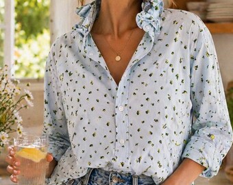 Reworked Banana Republic Shirt | Lemon Print Button Down |  Upcycled Ruffle Collar Top | Cottagecore Summer Shirt