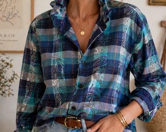 Reworked Plaid Paisley Shirt with Ruffle Collar | Upcycled Button Down | Edgy Top