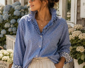 Reworked Denim & Flower Chambray Shirt with Ruffle Collar, Upcycled Men’s Blue Polka Dot Button Down, Feminine Preppy Cottagecore Top