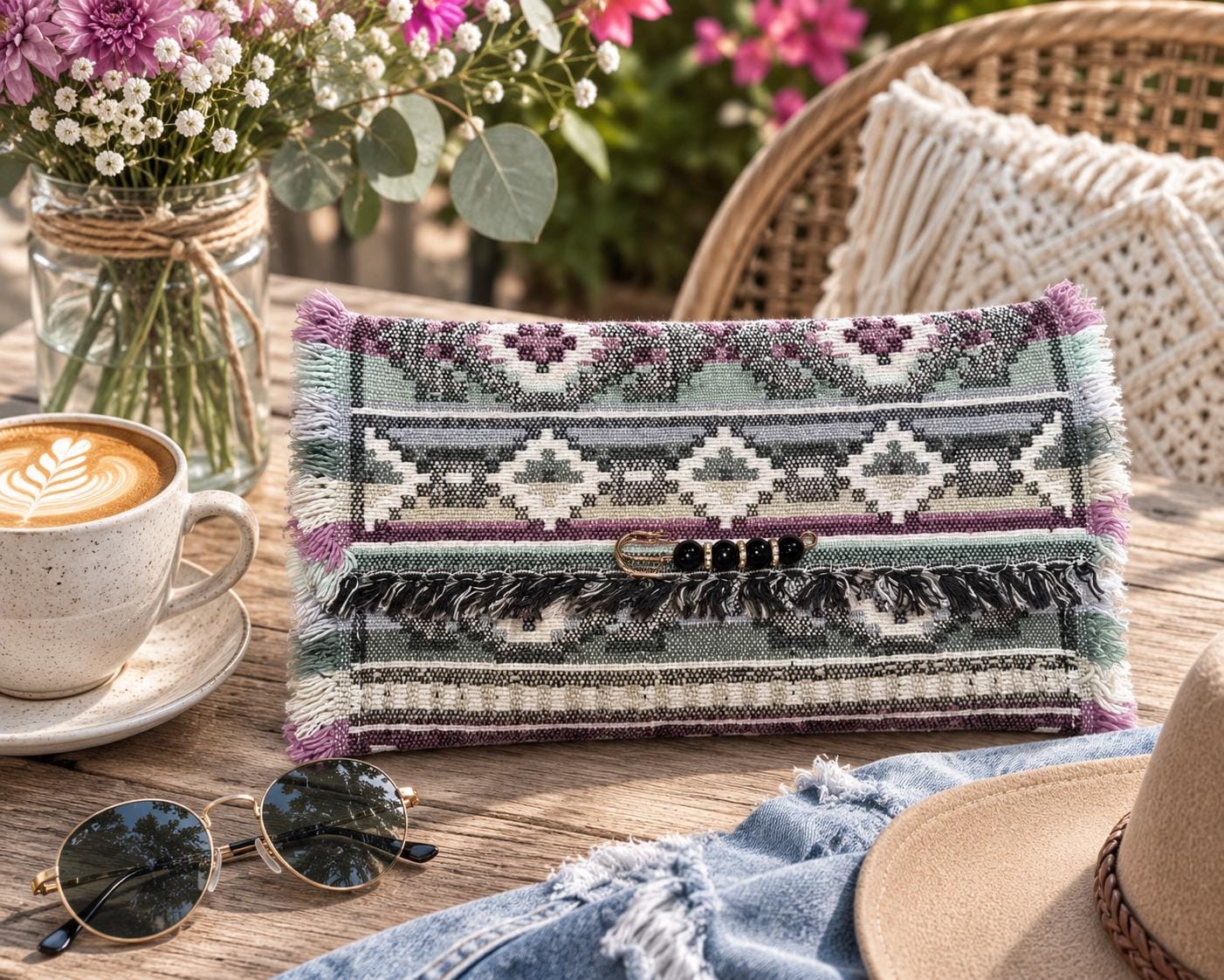 Southwestern Fringe Clutch Purse, Reworked Woven Placemat Bag, Boho Foldover Purse, Desert Boho Accessory