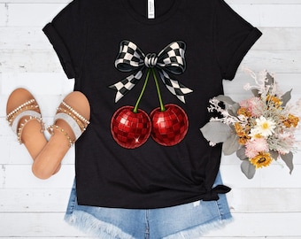 Disco Cherry Coquette Bow Unisex Tee, Cute Graphic T-Shirt, Casual Everyday Wear, Spring/Summer Fashion, Gift for Cherries Lovers