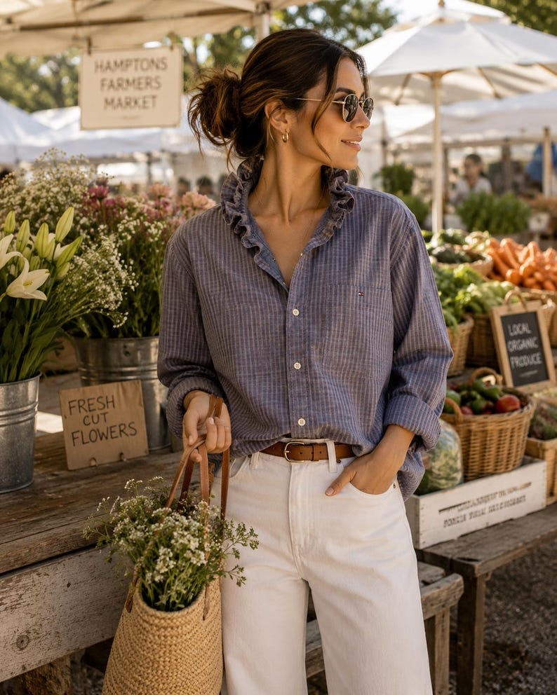 May include: A woman at a farmer's market wears a blue striped shirt with a ruffled collar, white pants, and a brown belt. She carries a woven bag filled with flowers. Signs read "Hampton's Farmers Market" and "Fresh Cut Flowers."