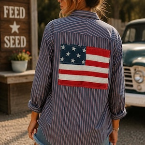 Reworked Patriotic Button Down| Handmade American Flag Back Patch Shirt | Upcycled Blue Striped Shirt | Americana Fourth of July Top