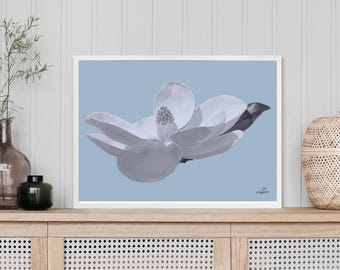 Southern magnolia blossom in gray-scale. Photographic print. Botanical wall art. Unframed. Vertical. Home decor.