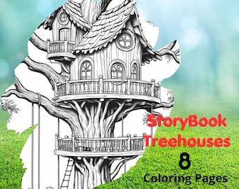 Verhalenboek Kleurplaten Boomhut | Fantasie boomhut kleurplaten | Printables voor volwassenen | Direct downloaden