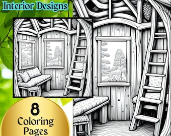 Kleurplaten Gezellig Interieur | Boomhutontwerpen | Adulting Coloring |Directe download |Afdrukbare pdf