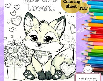 Valentijnsdag kawaii vos kleurplaat | Afdrukbare pdf | Stressverlichtende activiteit | Direct downloaden |
