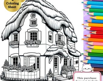 Kleurplaat Fantasy Cottage: grillige stressverlichting (digitale download)
