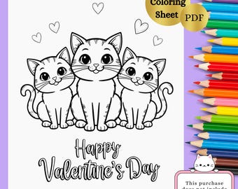 Valentines Coloring | Cute Kitten Coloring Page | Instant Digital Download