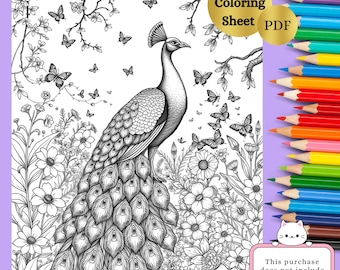Gedetailleerde kleurplaat pauw | Prachtige vogelontwerp | Stressverlichting volwassen kleuren | Afdrukbare pdf