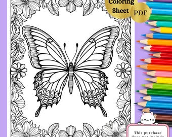 Bloemen vlinder kleurplaat | Kleurplaat bloemmotief | Afdrukbare pdf | Direct downloaden | Digitaal