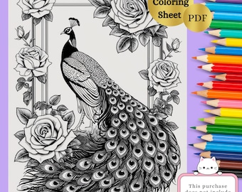 Kleurplaat pauw met roosontwerp | Prachtig vogelontwerp | Kleurplaat met stressverlichting | Afdrukbare kunst | Direct downloaden |Afdrukbaar