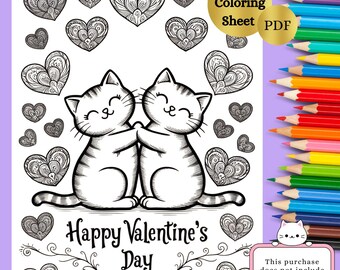 Schattige katten knuffelen met hartjes Kleurplaat | Afdrukbare kunst Valentijnsdag | Cadeau kattenliefhebber | Stressverlichtende activiteit